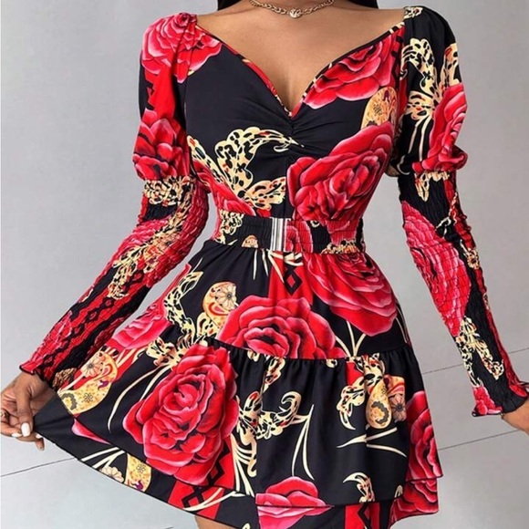 Floral Printed V Neck Puff Sleeve A Line Dress With Cinched Waist Size Medium - Picture 1 of 8